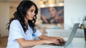 Mulher usando um notebook com o aplicativo Corthy, ferramenta incrível que ajuda a administrar um salão de beleza com tecnologia.