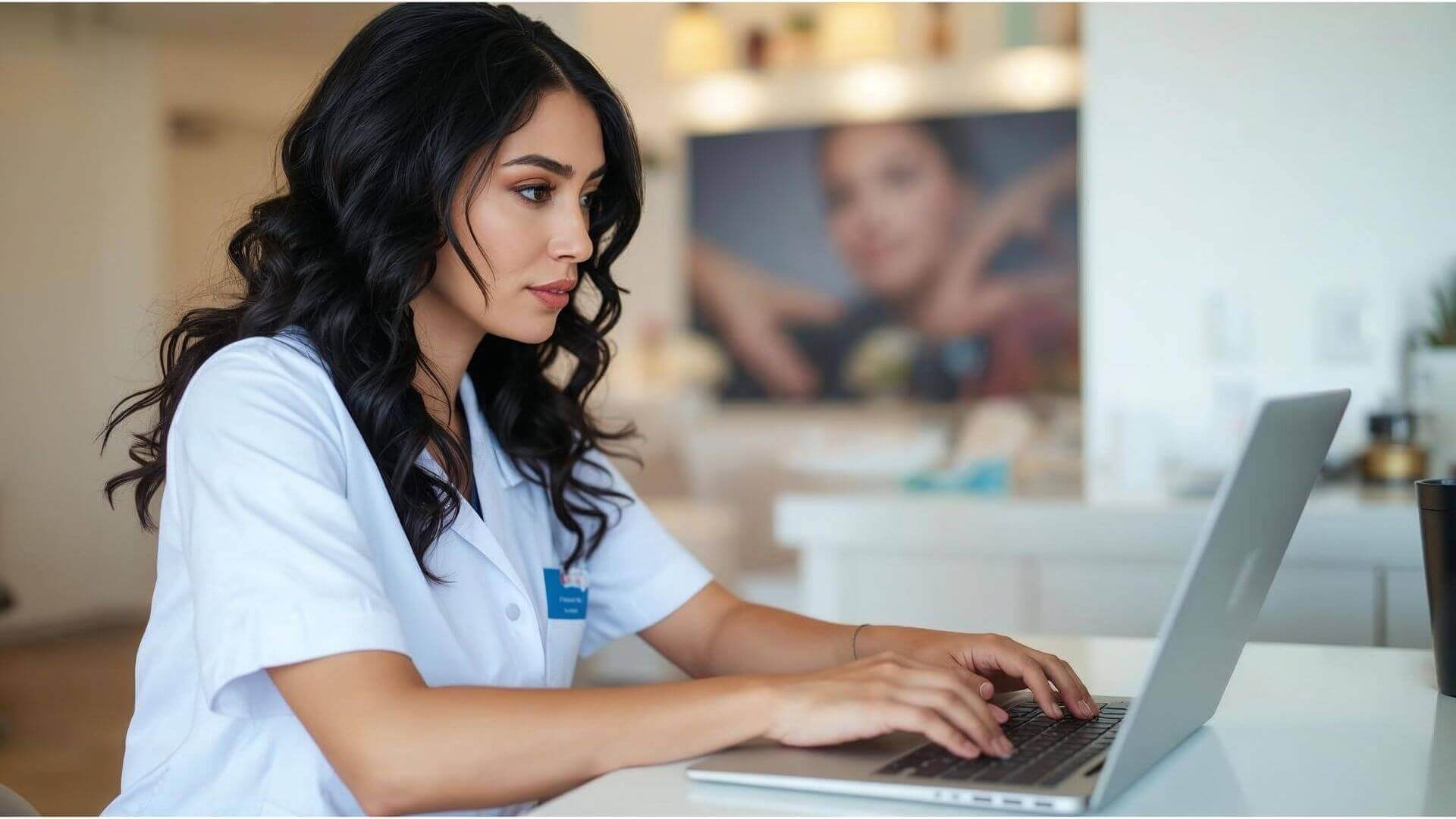 Mulher usando um notebook com o aplicativo Corthy, ferramenta incrível que ajuda a administrar um salão de beleza com tecnologia.