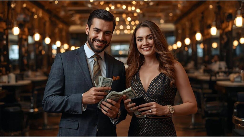 Como aumentar o faturamento da sua barbearia em 2026 5 Uma mulher e um homem segurando notas de dinheiro e um celular na mão da mulher, felizes pois ao usar o aplicativo Corthy conseguiram aumentar o faturamento da sua barbearia em 2026.