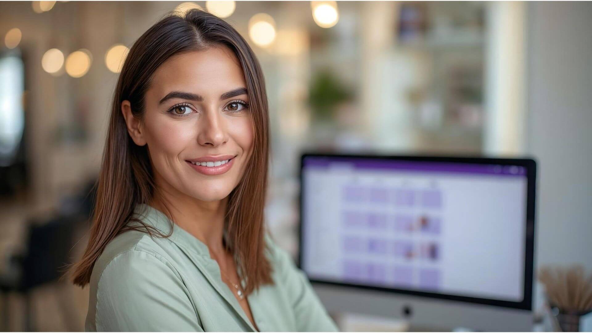 Mulher sorridente com um computador ao fundo rodando o sistema Corthy que ajuda a controlar a agenda de um salão de beleza de forma eficiente.