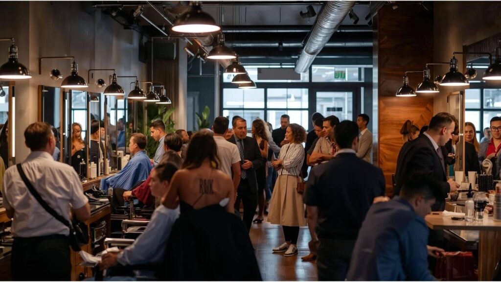 Uma barbearia lotada de clientes demonstrando que usar o sistema Corthy ajuda a evitar faltas na barbearia.