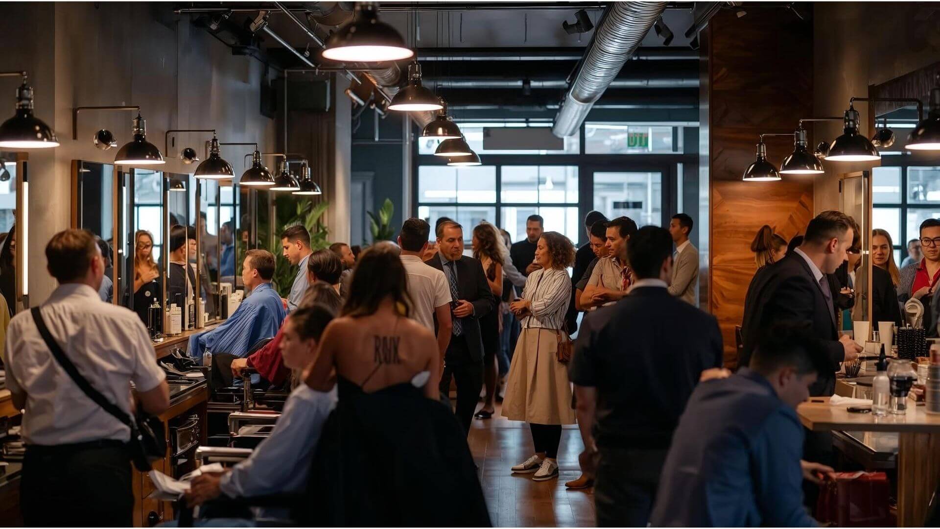 Uma barbearia lotada de clientes demonstrando que usar o sistema Corthy ajuda a evitar faltas na barbearia.