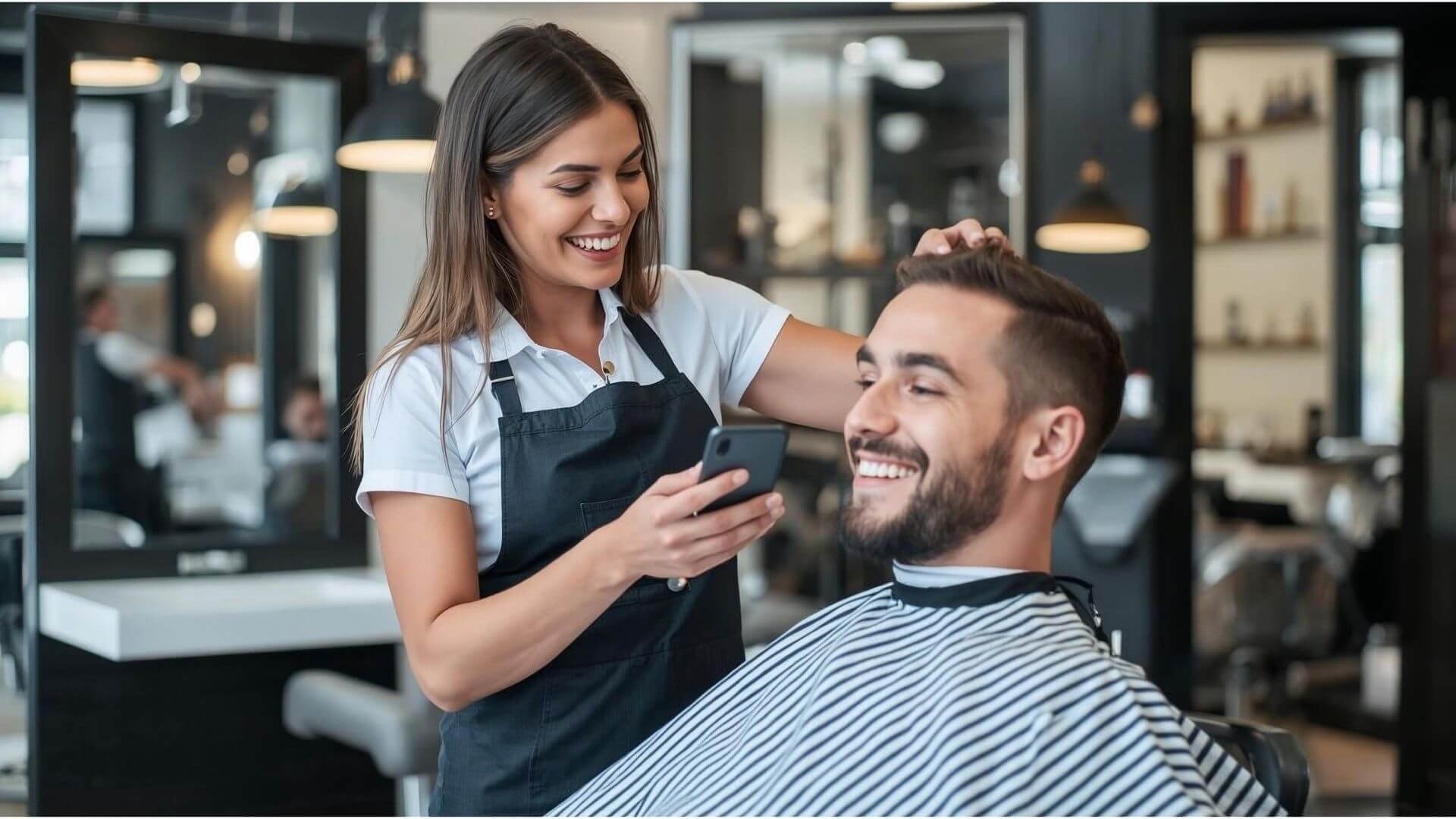 Mulher atendendo um cliente e segurando o celular na mão usando o sistema Corthy para ajudar a fidelizar clientes na barbearia e por consequência aumentando o faturamento do seu negócio.