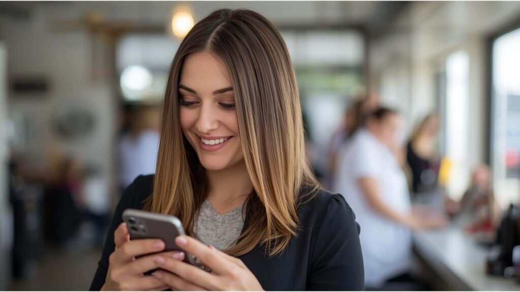 Como organizar a gestão de um salão de beleza 3 Mulher usando um celular com o aplicativo Corthy, ferramenta que ajuda a organizar a gestão de um salão de beleza.