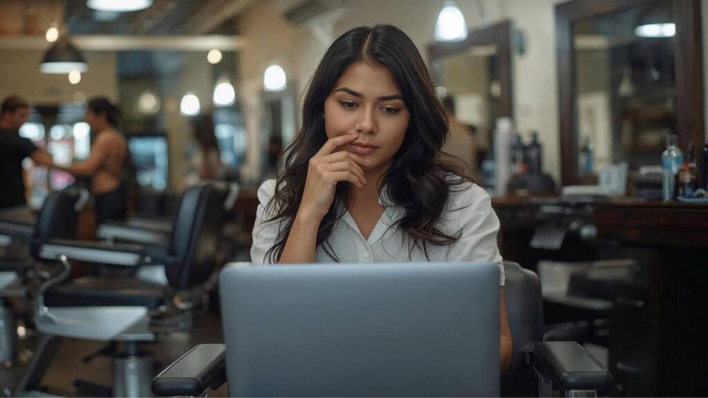 Principais problemas na gestão de barbearia e como resolver 4 Mulher usando um notebook com o sistema Corthy, principal ferramenta para ajudar a resolver problemas na gestão de barbearia.