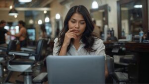 Mulher usando um notebook com o sistema Corthy, principal ferramenta para ajudar a resolver problemas na gestão de barbearia.