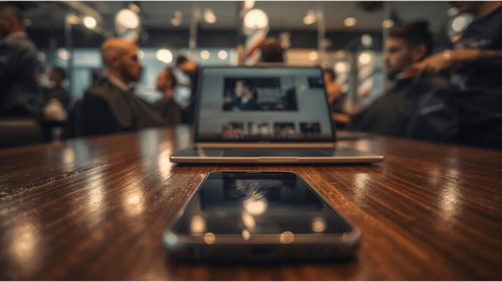 Como fidelizar clientes em salões de beleza e barbearias com a ajuda da tecnologia 1 Mesa em uma barbearia e sobre ela um notebook e um celular, no notebook o sistema Corthy conta com recursos para ajudar a fidelizar clientes em salões de beleza, clínicas de estética, barbearias e outros negócios.