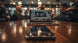 Mesa em uma barbearia e sobre ela um notebook e um celular, no notebook o sistema Corthy conta com recursos para ajudar a fidelizar clientes em salões de beleza, clínicas de estética, barbearias e outros negócios.