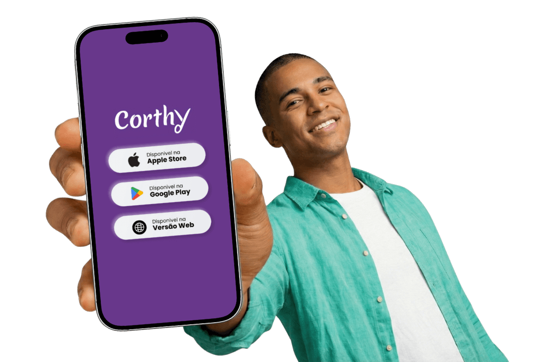 Homem segurando celular, demonstrando que o aplicativo Corthy para agendamento e gestão está disponível em todas as plataformas.