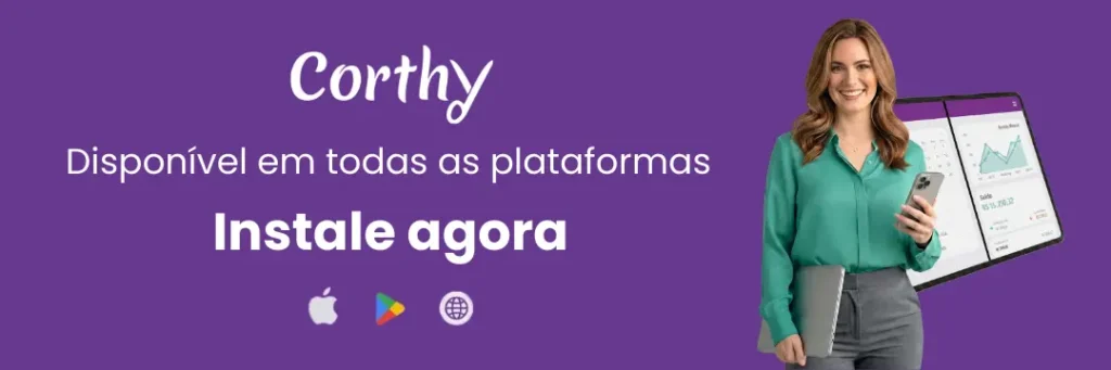 Por que você precisa de um app para esteticistas para profissionalizar sua clínica de estética 1 Banner com mulher segurando notebook e celular, atrás dela um tablet com informações, demonstrando que o Corthy aplicativo para salão de beleza está disponível em todas as plataformas.