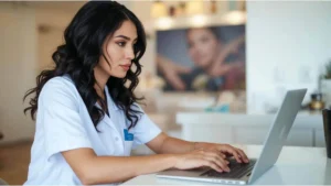 Mulher usando um notebook com o aplicativo Corthy, ferramenta incrível que ajuda a administrar um salão de beleza com tecnologia.