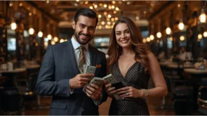 Uma mulher e um homem segurando notas de dinheiro e um celular na mão da mulher, felizes pois ao usar o aplicativo Corthy conseguiram aumentar o faturamento da sua barbearia em 2026.