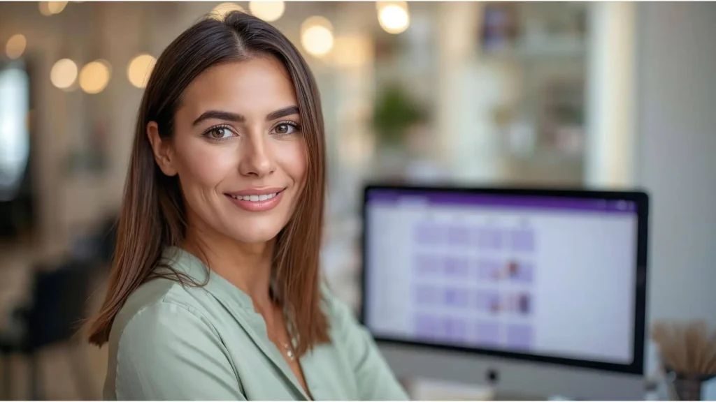 Mulher sorridente com um computador ao fundo rodando o sistema Corthy que ajuda a controlar a agenda de um salão de beleza de forma eficiente.