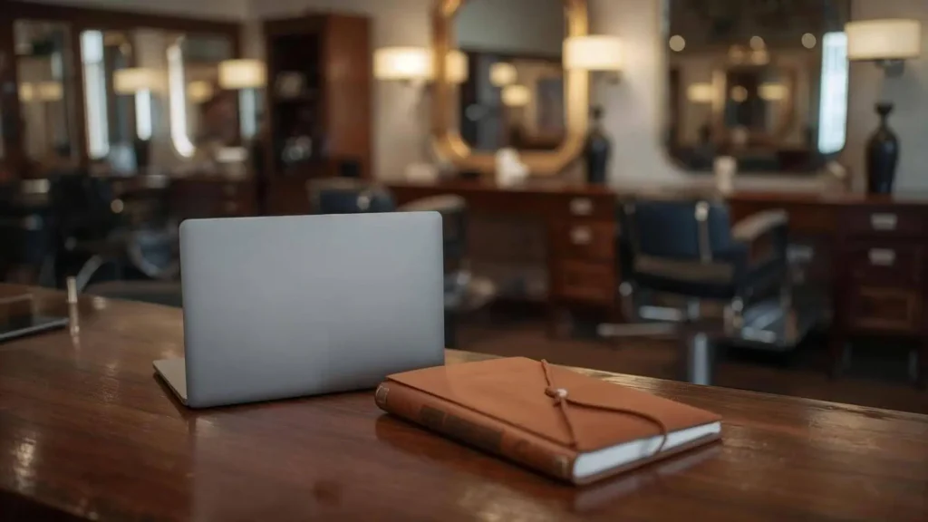 Um caderno e ao lado um notebook com o sistema Corthy e demonstrando como controlar a agenda de uma barbearia de forma eficiente.