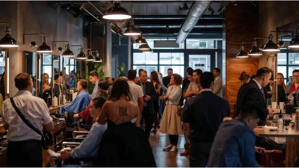 Uma barbearia lotada de clientes demonstrando que usar o sistema Corthy ajuda a evitar faltas na barbearia.