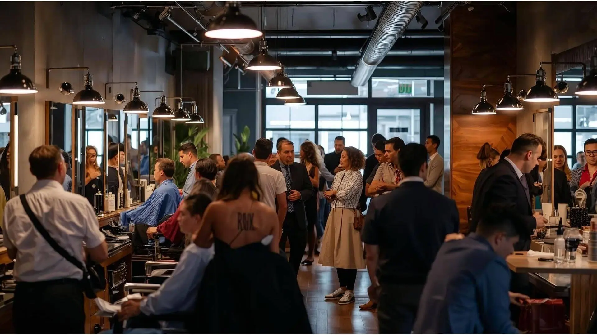 Uma barbearia lotada de clientes demonstrando que usar o sistema Corthy ajuda a evitar faltas na barbearia.