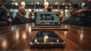 Mesa em uma barbearia e sobre ela um notebook e um celular, no notebook o sistema Corthy conta com recursos para ajudar a fidelizar clientes em salões de beleza, clínicas de estética, barbearias e outros negócios.