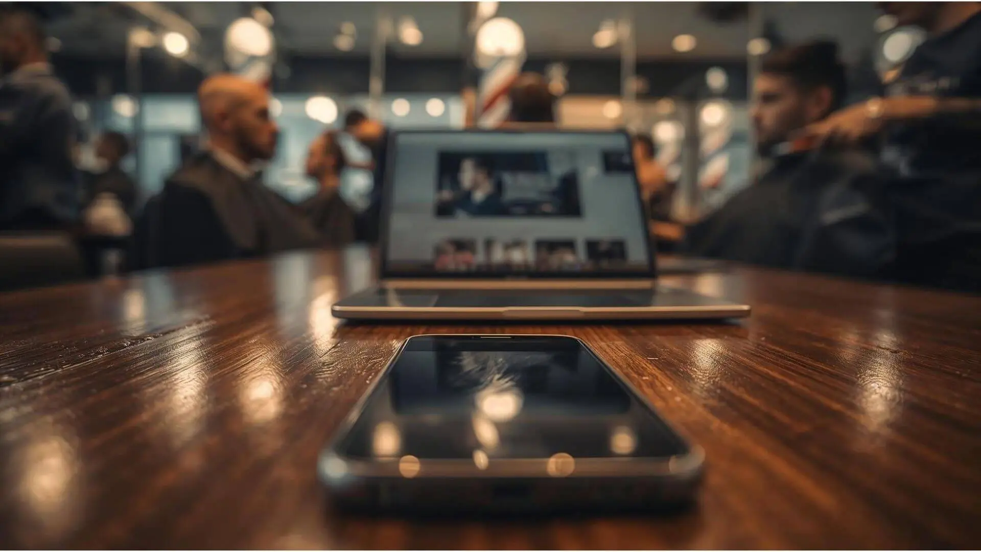 Mesa em uma barbearia e sobre ela um notebook e um celular, no notebook o sistema Corthy conta com recursos para ajudar a fidelizar clientes em salões de beleza, clínicas de estética, barbearias e outros negócios.