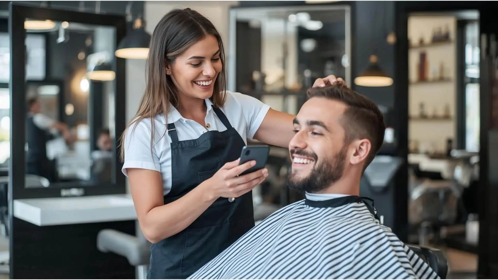 Mulher atendendo um cliente e segurando o celular na mão usando o sistema Corthy para ajudar a fidelizar clientes na barbearia e por consequência aumentando o faturamento do seu negócio.