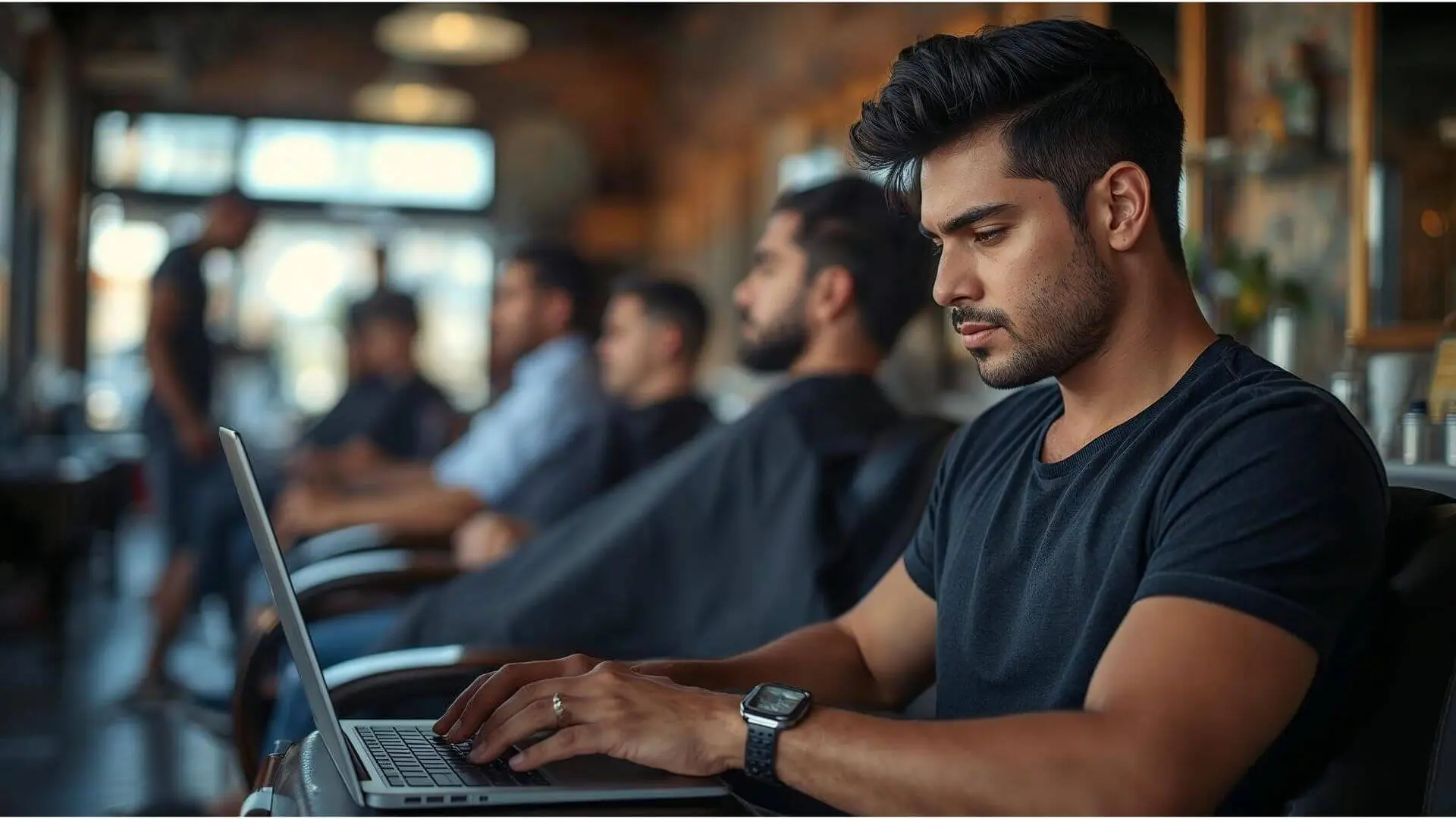 Homem com notebook usando o sistema Corthy e demonstrando como gerenciar uma barbearia de forma eficiente.