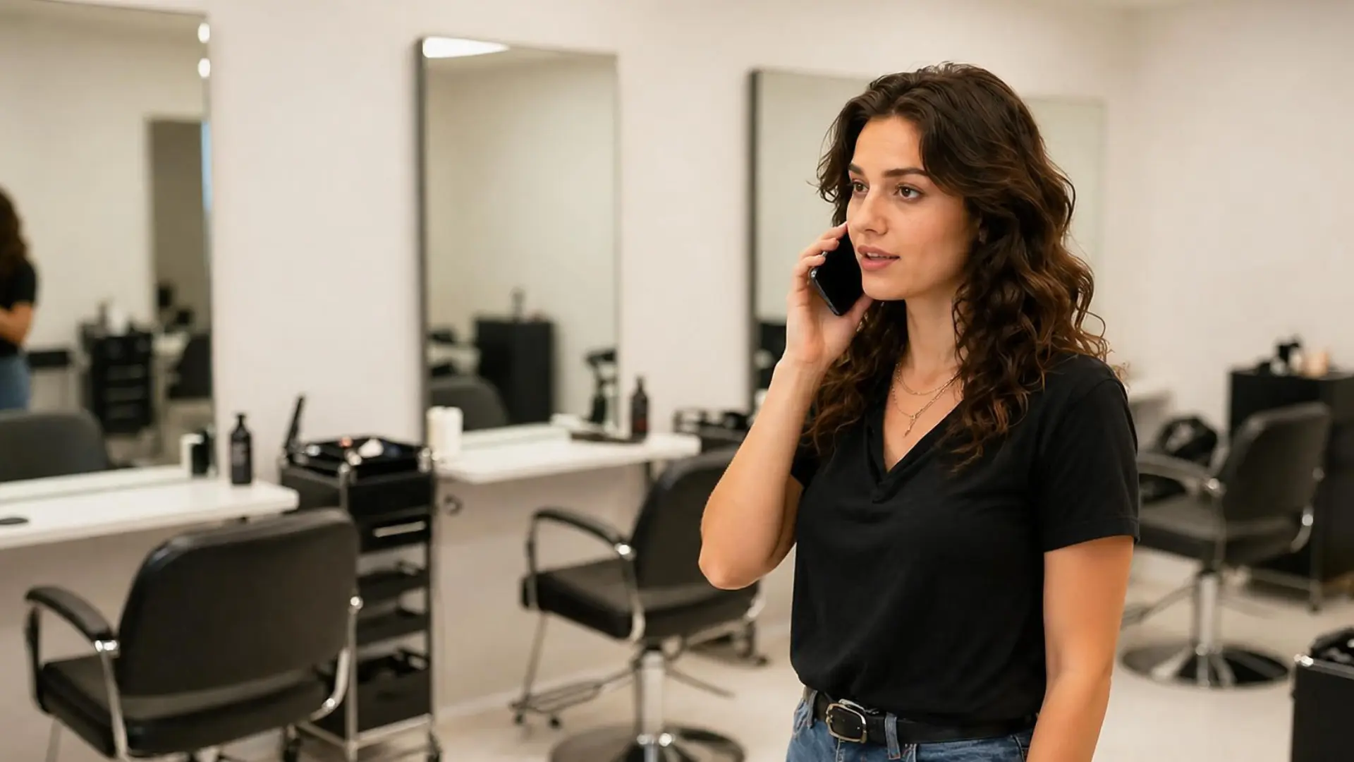 Mulher em um salão segurando um celular e lidando com clientes faltantes, o sistema Corthy tem como reduzir faltas em salão de beleza com suas funcionalidades inteligentes.