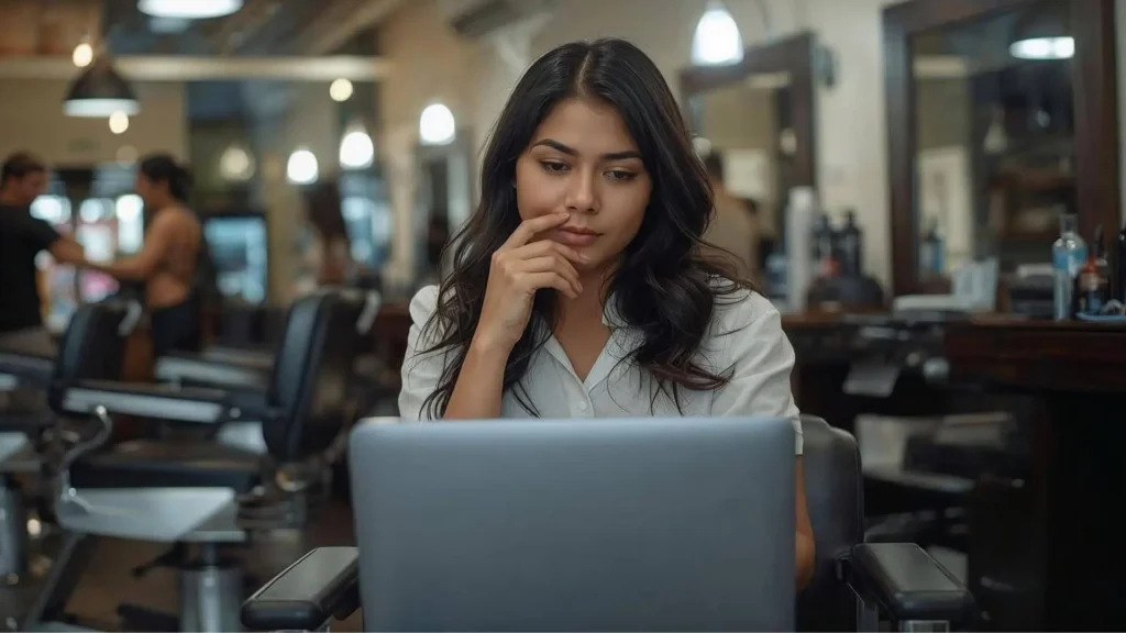 Mulher usando um notebook com o sistema Corthy, principal ferramenta para ajudar a resolver problemas na gestão de barbearia.