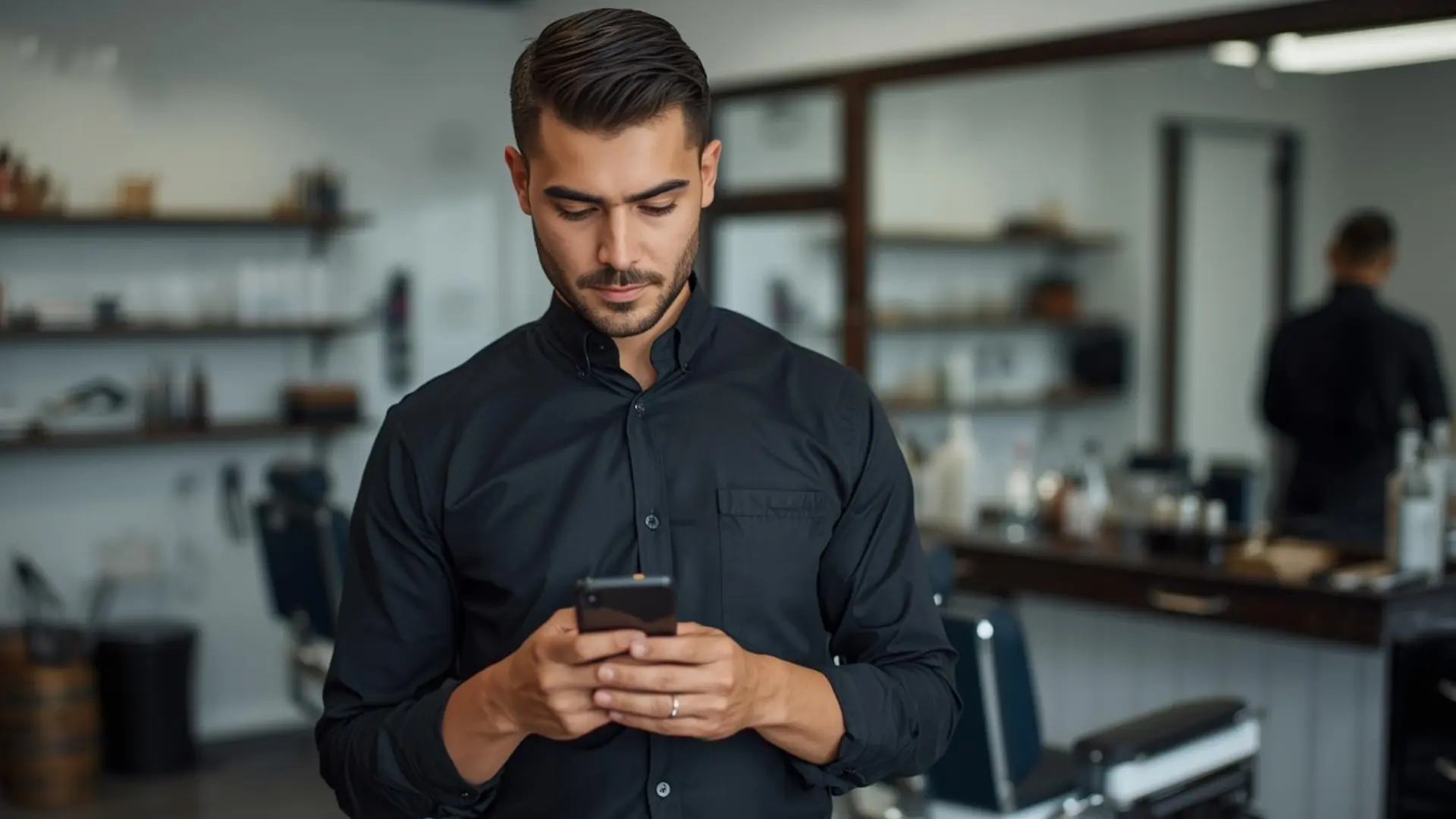 Homem barbeiro usando um celular com o aplicativo Corthy, app para barbeiros que gerencia agenda e gestão de barbearias.