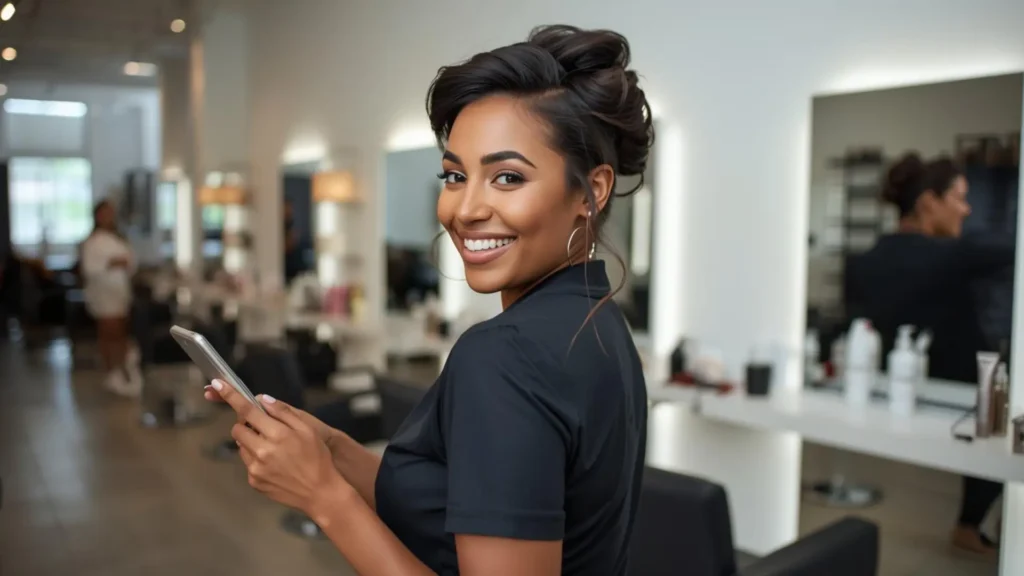 Por que você precisa de um app para cabeleireiros para profissionalizar seu salão 3 Mulher cabeleireira usando um celular com o aplicativo Corthy, app para cabeleireiros que gerencia agenda e gestão de salões.